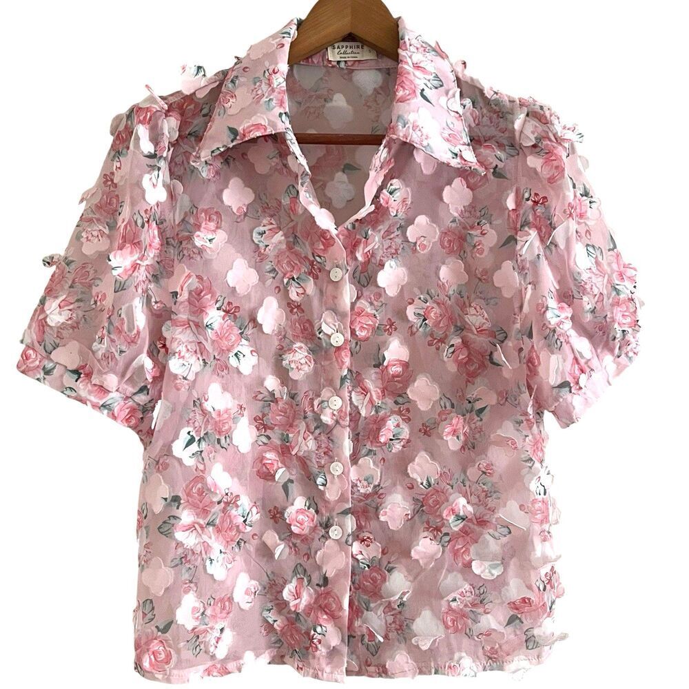 Sapphire Pink 3D Rose top S Sheer Floral Button Up Dainty Cottagecore Fairy